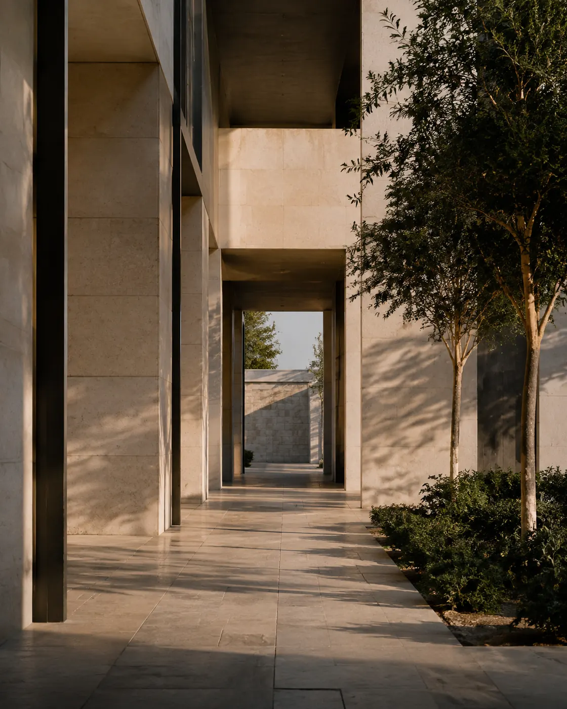 Architectural illustration of a sunlit stone arcade with bronze screens and greenery