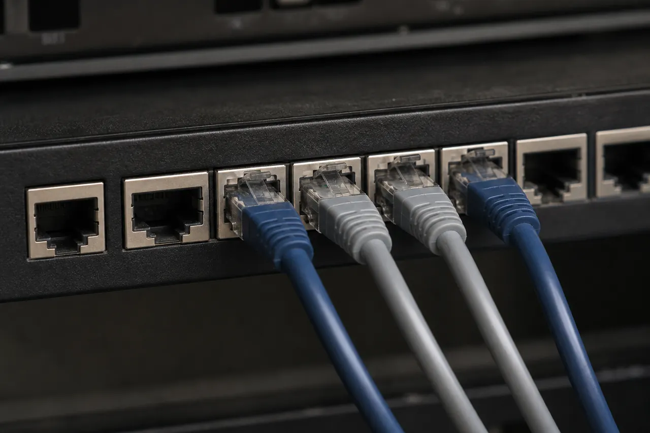 Editorial illustration of a carefully arranged network patch panel and cable connections