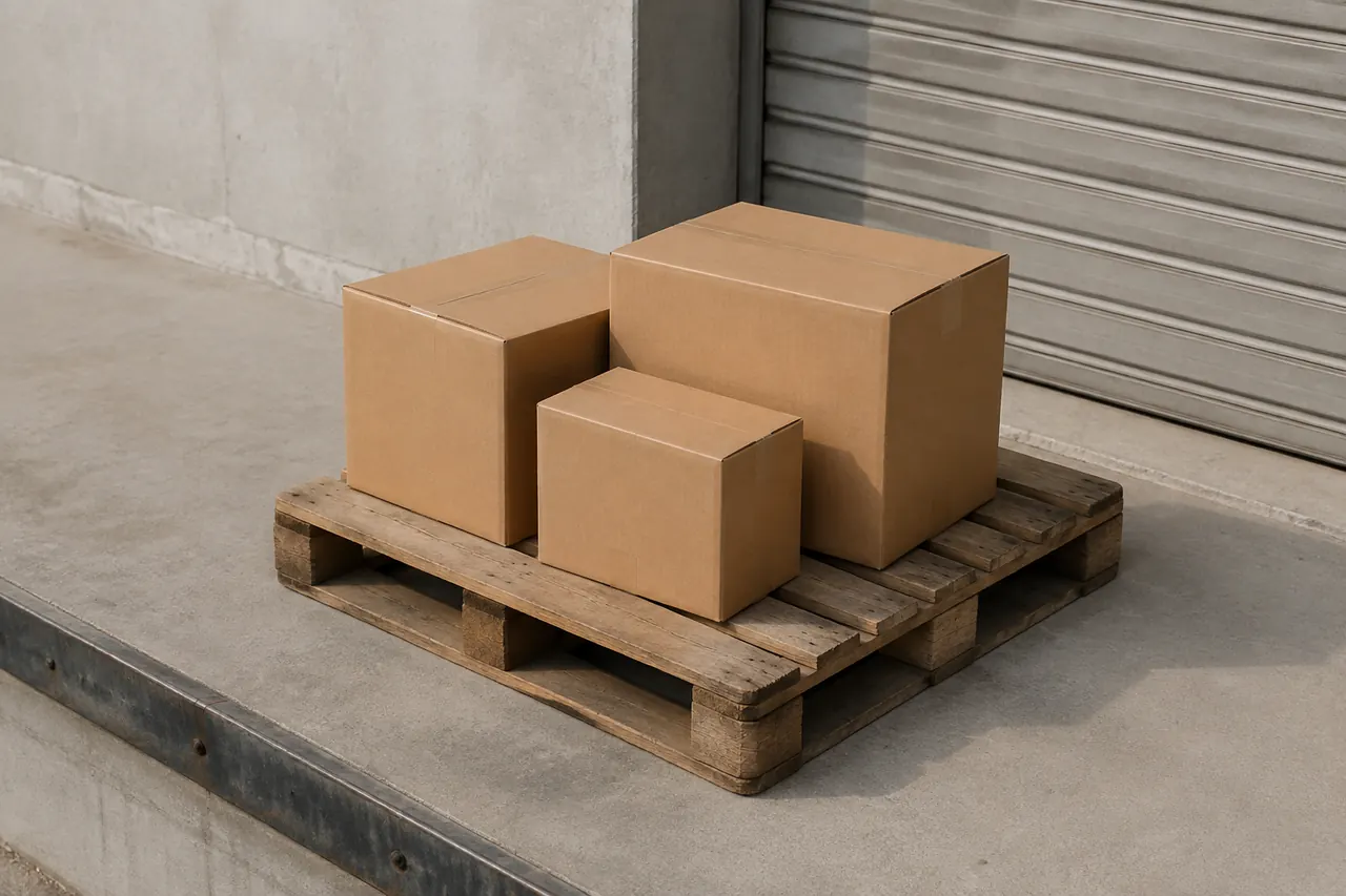 Editorial illustration of sealed cartons on a timber pallet in a commercial loading area